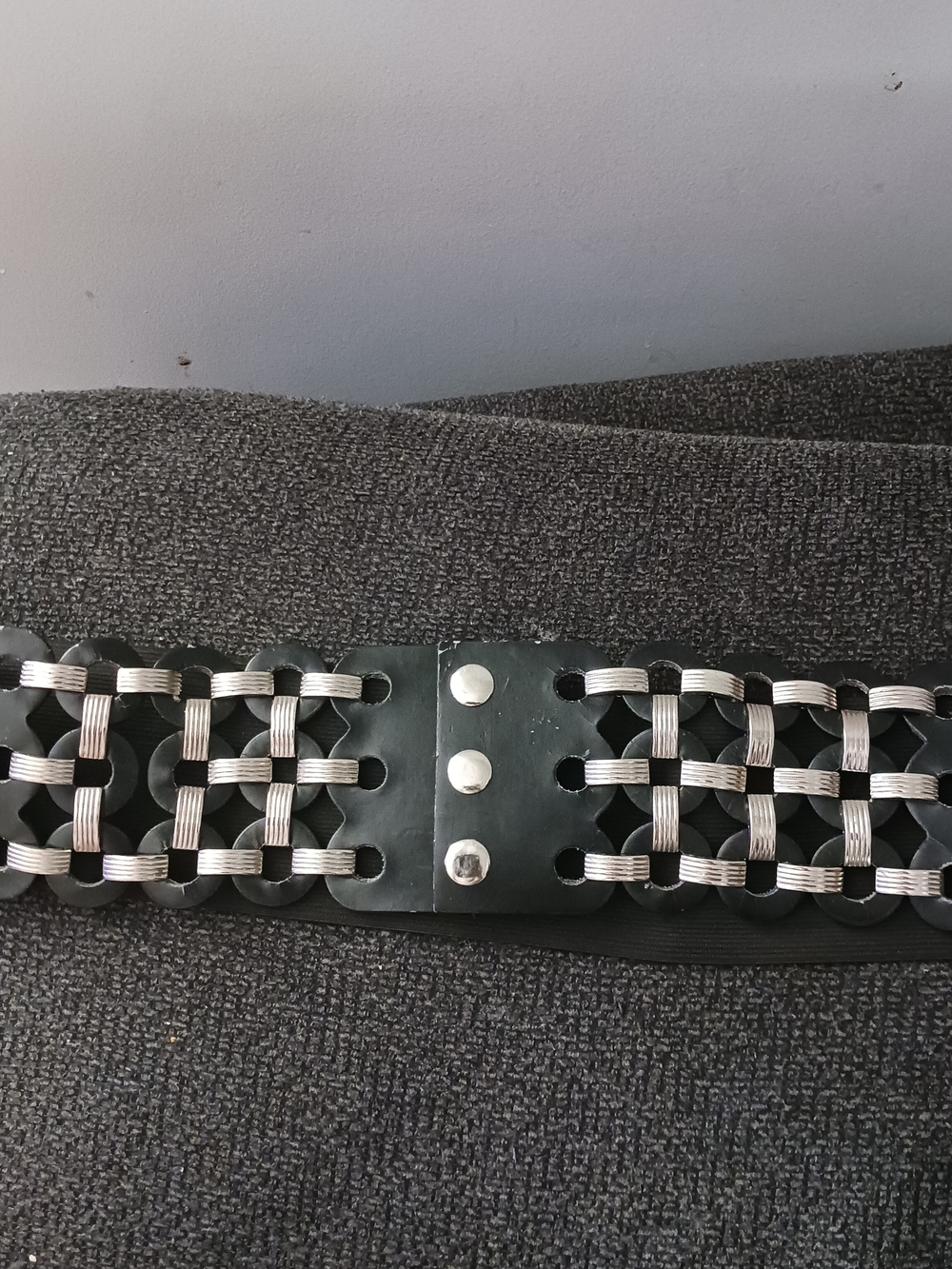 Wide Black Woven Elastic Belt with Silver-Tone Accents